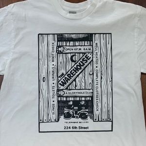 Handmade Warehouse Gloryhole Club T-Shirt on White Gildan Size L Shirt